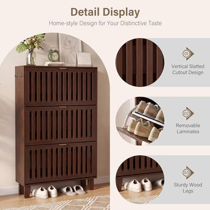 Shoe Cabinet, Slim 3 Flip Drawers for Entryway, Walnut