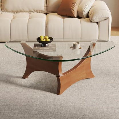 Modern Glass Coffee Table for Living Room, Mid Century Modern Triangle Coffee Table with Tempered Glass Top & Solid Wood Base, Small Center Table for Apartment（Walnut/Transparent，Large）