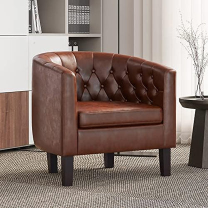 BELLEZE Caramel Accent Chairs for Living Room, Set of 2 Elegant Arm Chairs, Upholstered Tufted Barrel Chairs Club Chairs for Bedroom with Sturdy Legs and Faux Leather - Berlinda (Caramel)