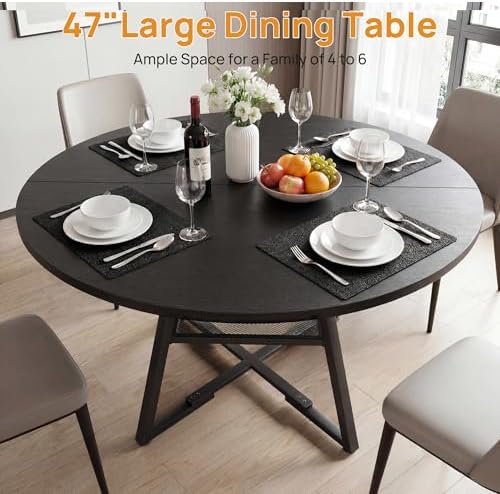 Alpen 47" Round Dining Table for 4-6, Small Kitchen Table with Storage Shelf, Wood Circle Table with Pedestal Metal Frame, Small Space Table for Apartment, Dining Room, Black