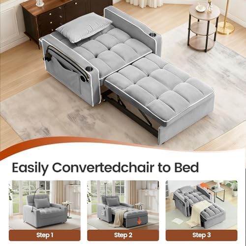 Convertible Sleeper Chair, Pull Out Chair Sleeper with Bracket and Cup Holder, Chairs Bed Sleepers for Adults, 3 in 1 Sofa Bed Chairs for Small Spaces, Living Room