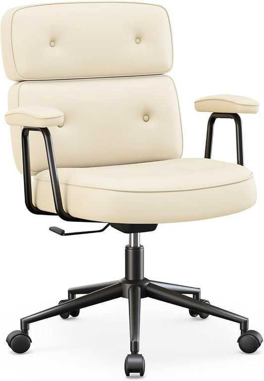 OLIXIS Ergonomic Home Office Desk Chair, PU Leather Computer Chair with Lumbar Support Adjustable Height Rolling Swivel Executive Task Armrests, Off-White