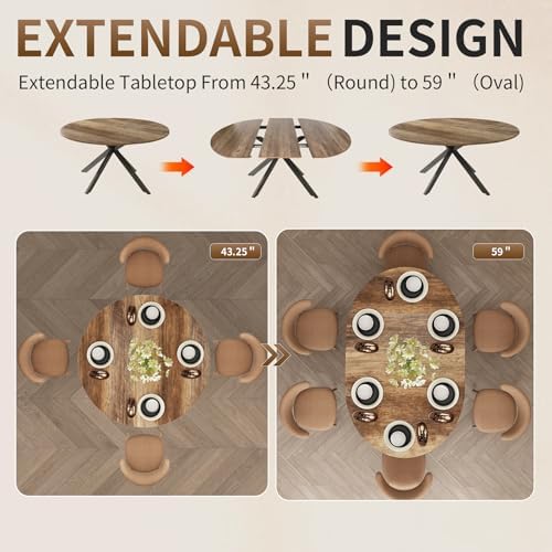 59-Inch Extendable Round Dining Table, 4-6 People Expandable Kitchen Table