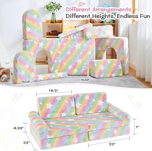 Rainbow Star Modular Kids Play Couch for Toddlers 1-3, Green Glow