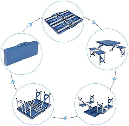 Blue Portable Folding Picnic Table with 4 Seats,Folding Picnic Table, Portable Outdoor Table with Bench, Patio, Porch or Camping Table and Chair Set, Picnic Tables for Outdoors,Patio Furniture Set