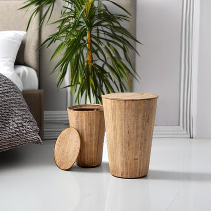 Aoikax Farmhouse Nesting Barrel Side Table, Fully Assembled, Natural | Rustic Space Saving Storage End Table Set, Natural Wood Finish