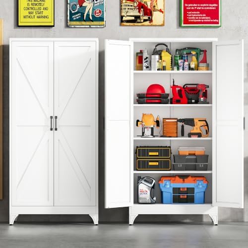 SISESOL 75" Tall Pantry Cabinet,Wide & Deep Farmhouse Kitchen Pantry Storage Cabinets with 2 Doors and 5 Shelves,White Metal Storage Cabinet,Large Cupboard for Home,Kitchen,Dining/Living Room