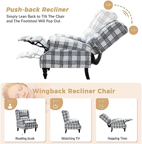 HULALA HOME Upholstered Wingback Recliner Chair, Small Adjustable Footrest Push Back Single Reclining Sofa, Mid Century Modern Lounge Armchair for Living Room, Bedroom, Reading/Plaid Black