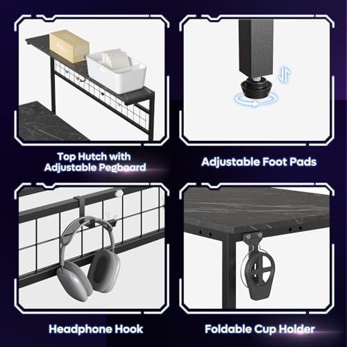 Bestier 42 Corner Computer Desk with Power Outlets LED Lights, Black Marble