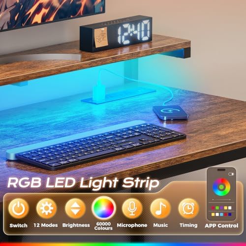 PRAISUN 47.2 Inch Gaming Desk with LED Lights & Power Outlets
