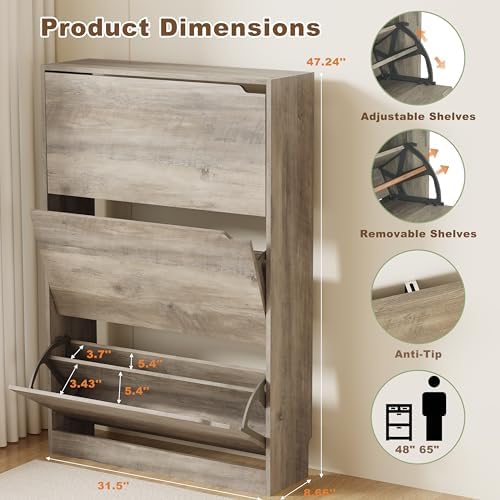Shoe Storage Cabinet with 3 Flip Drawers, Grey