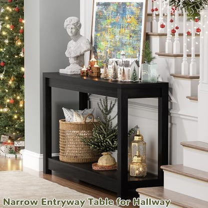 Besiost Small Farmhouse Wood Entryway Table Narrow Console Table with Storage Behind Couch Sofa Table with Shelves Entry Way Table with Open Storage, Easy Assembly, 32" Embossed Wood Grain Black