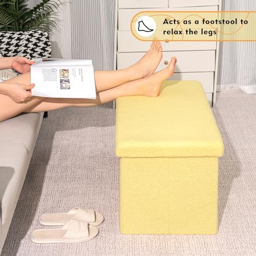 PINPLUS Folding Storage Ottoman Bench, Yellow Boucle Square