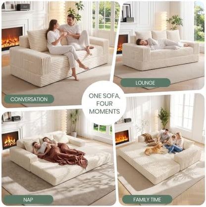 70" Convertible Sofa Bed, Corduroy Boneless Couch with Pocket