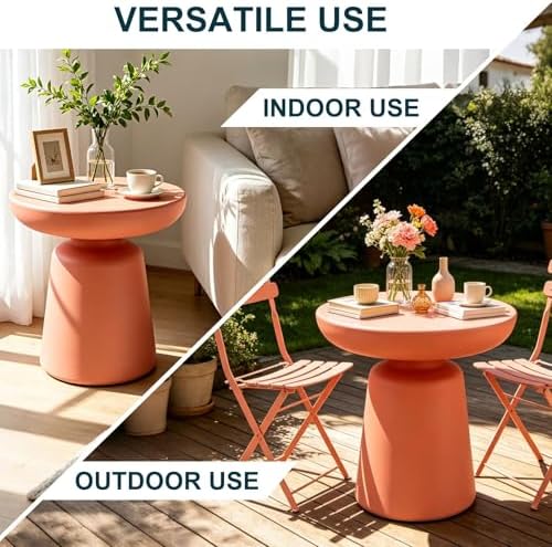Modern Mushroom Round Side Table, 16" Dusty Pink PE Accent End Table, Waterproof Pedestal Small Coffee Table for Living Room Bedroom, No Assembly Indoor/Outdoor Nightstand