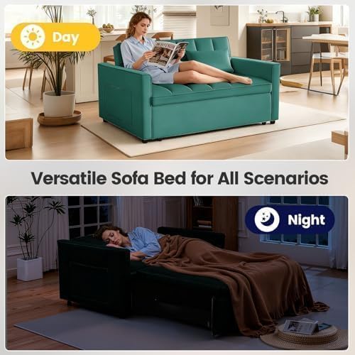 3 in 1 Convertible Sofa Bed, Velvet Fabric Loveseat Sleeper Sofa with Side Pockets, Pull Out Couch with Adjustable Backrest for Living Room, Small Spaces, Bedroom, Apartment, Green