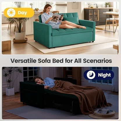 3 in 1 Convertible Sofa Bed, Velvet Fabric Loveseat Sleeper Sofa with Side Pockets, Pull Out Couch with Adjustable Backrest for Living Room, Small Spaces, Bedroom, Apartment, Green