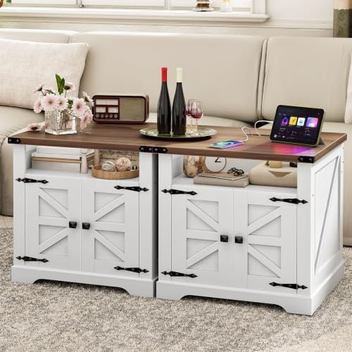 HOOBRO Farmhouse End Table Set of 2 with Charging Station, Large Side Table