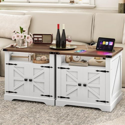 HOOBRO Farmhouse End Table Set of 2 with Charging Station, Large Side Table