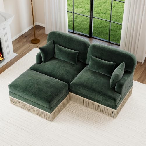 69.2" L Shaped Modular Loveseat Sofa with Ottoman, Forest Green Chenille Couch with Tassel Trim, Deep Seat Upholstered Sectional for Living Room, Apartment and Cozy Lounge Seating