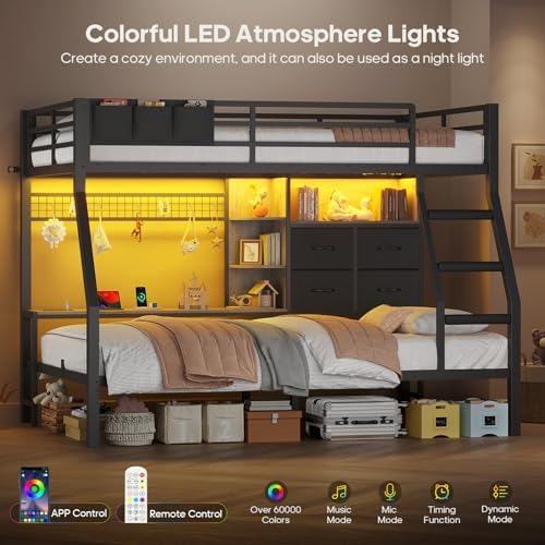 Bunk Bed Twin Over Twin with Charging Station & LED Lights, Black