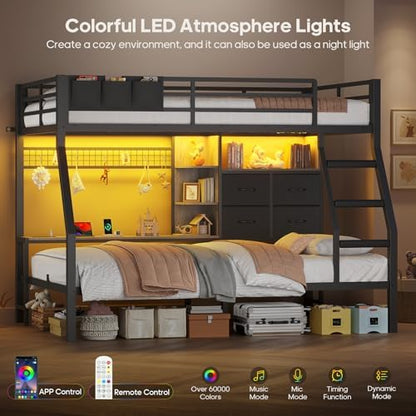 Bunk Bed Twin Over Twin with Charging Station & LED Lights, Black
