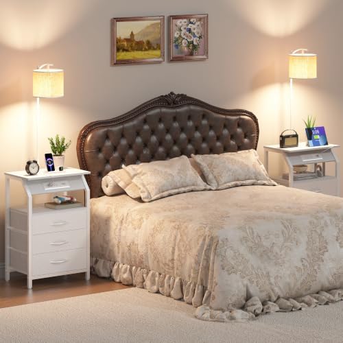 Floor Lamp with Table, Nightstand with Charging Station, Floor Lamp Table with 3-Color Temperature Bulb, Bedside Table Night Stand with 3 Drawers for Bedroom, Living Room, White
