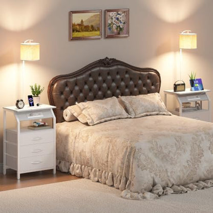 Floor Lamp with Table, Nightstand with Charging Station, Floor Lamp Table with 3-Color Temperature Bulb, Bedside Table Night Stand with 3 Drawers for Bedroom, Living Room, White
