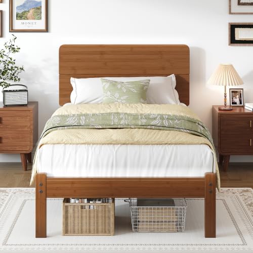 BOSRII 14" Twin Size Bamboo Wood Platform Bed Frame with Headboard, Brown