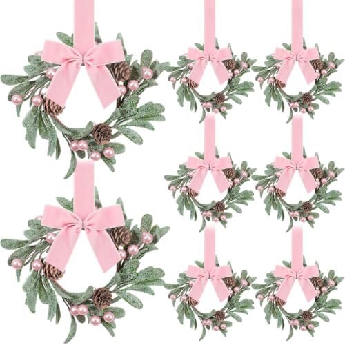 Knitgrip 8 Pcs 8'' Christmas Mini Wreaths for Cabinet, Pink, Pink Velvet