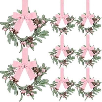 Knitgrip 8 Pcs 8'' Christmas Mini Wreaths for Cabinet, Pink, Pink Velvet