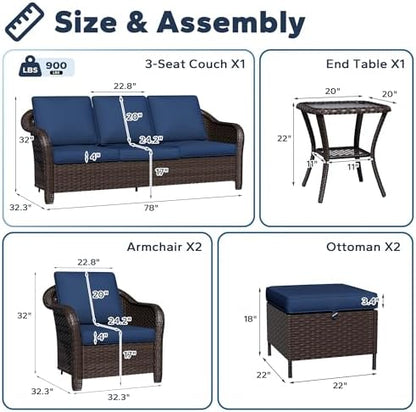 6 Piece Patio Furniture Set, Wicker Outdoor Conversation Set