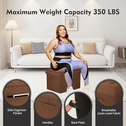 Storage Ottoman Cube, Folding Linen Ottoman Foot Rest for Living Room Brown