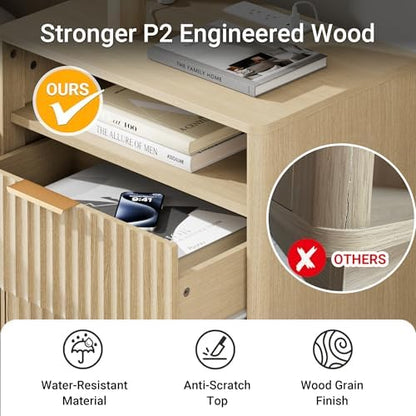 23" Modern Fluted Nightstand Set of 2 with Charging, Natural Oak