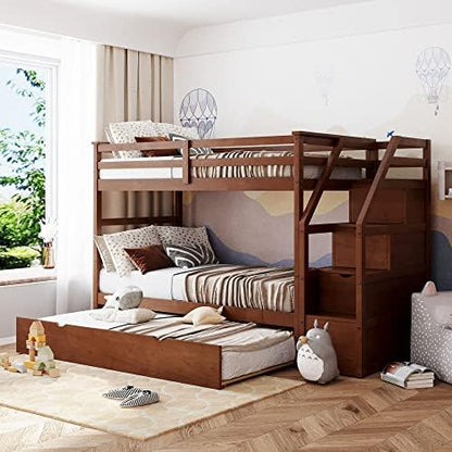 Harper & Bright Designs Twin-Over-Twin Bunk Bed with Trundle and 3-Storage Staircase,Solid Wood 3 in 1 Stairway Bunk Bed with Trundle,Walnut