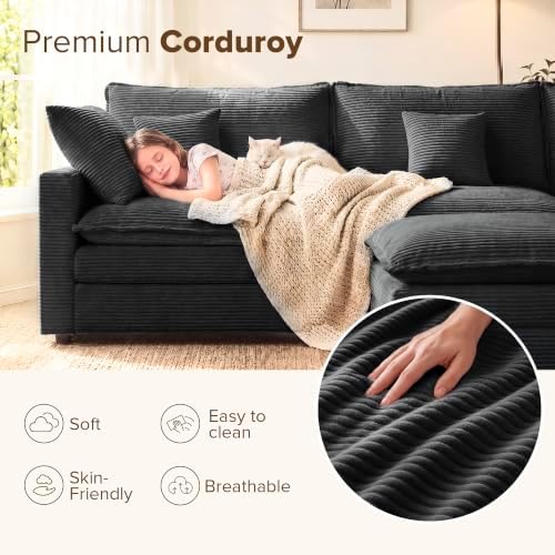 74 Inch Cloud Couch Sectional, Modular Sectional Sofa with 2 Ottoman, Black