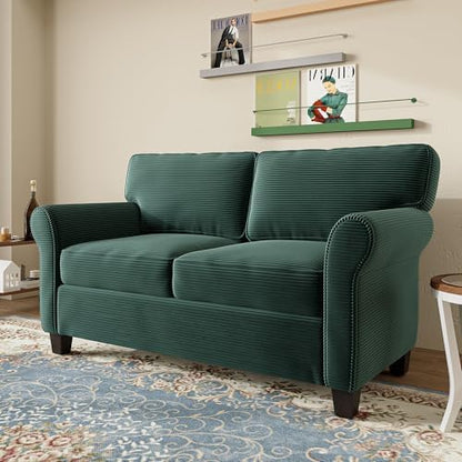 57" Loveseat Sofa, Mid Century Modern Corduroy Couch with Thick Cushion, 2 Seater Small Sofa for Living Room Bedroom Apartment Office, Dark Green