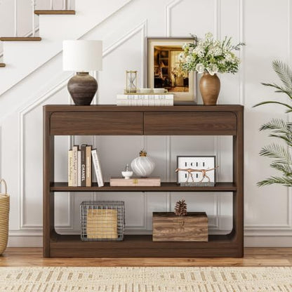FATORRI Console Table with 2 Drawers, 43.3 Inch Farmhouse Narrow Entryway Table with Storage Shelves, Rustic Sofa Tables Behind the Couch for Hallway, Living Room, Foyer (Dark Walnut)