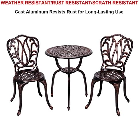 3 Piece Bistro Set,Outdoor Patio Set,Anti-Rust Cast Aluminum Bistro Table Set for Park Yard Front Porch Furniture(New Brown)…