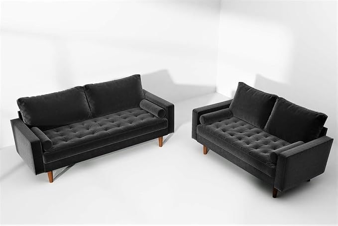 Container Furniture Direct Womble Mid Century Modern Velvet Upholstered Tufted Seat with Bolster Pillows, Sofa, Black