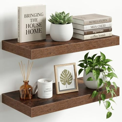 12" Deep Floating Shelves for Wall, 24" Long Rustic Brown Wood Wall Shelves, Set of 2, 2" Thick Rustic Storage & Display Shelves with Invisible Brackets for Living Room Bedroom Kitchen