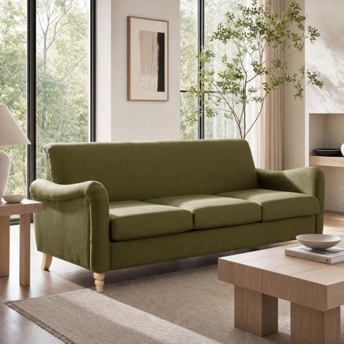 HULALA HOME Farmhouse Curved Couch, 3 Seater Upholstered Sofa, Moss
