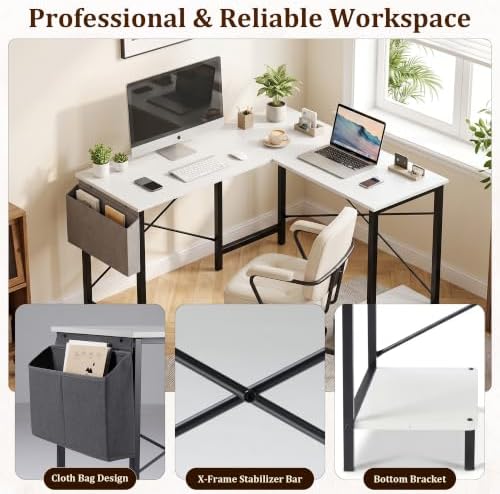 Alpen L Shaped Gaming Desk, Small Computer Desk, 50 Inch Wide Corner Desk, Work from Home Desk, Study Table for Bedrooms, PC Writing Table with Storage and Reversible Shelf, White
