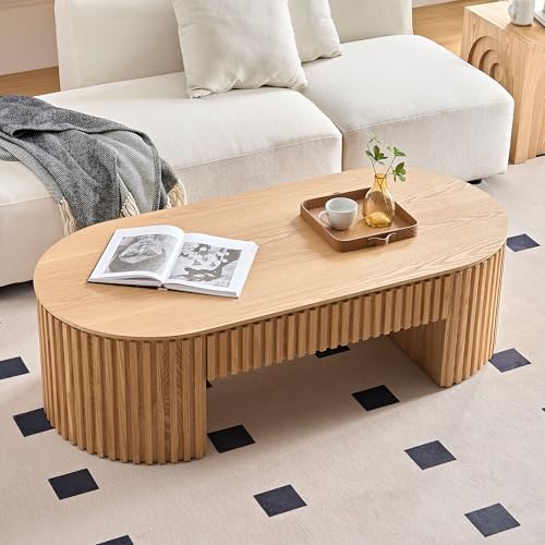 51.18'' Oval Coffee Table for Living Room Fluted Center Table with Drawer, Mid Century Modern Coffee Tables, Easy Assembly for Office Storage Tea Table Oak