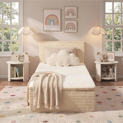 Twin Boneless Bed Frame with Mattress, 16 Inch Memory Foam Mattress with Plush Fabric Upholstered Bed Frame Platform, No Assembly Required,Cool Night & Relieve Pressure with Medium Support, Beige
