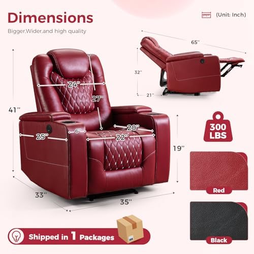 ANJ Power Recliner Chair Set of 4, Electric Soft Faux Leather Reclining Home Theater Seating - USB Ports, Cup Holders, Hidden Arm Storage Movie & Media Room Chairs (Red)