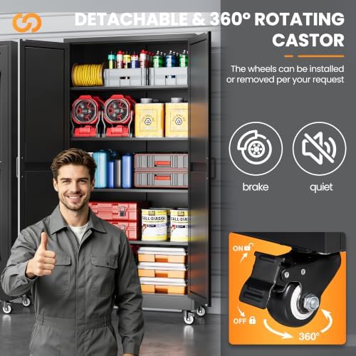72" Tall Rolling Metal Garage Cabinets, Wheeled Black Storage Cabinet