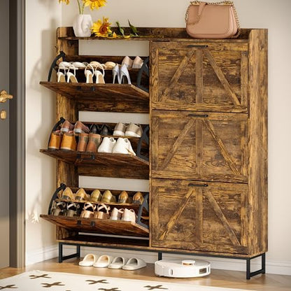 Wodeer Shoe Cabinet Storage for Entryway, Shoe Storage Cabinet with 6 Flip Drawers, Freestanding Narrow Shoe Rack Organizer with Metal Legs, Adjustable Shelves & Open Storage for Foyer, Hallway, Brown