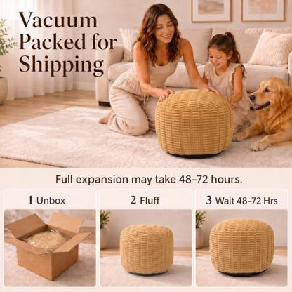 Round Pouf Ottoman, Camel, 28"x14", Corduroy Foot Rest