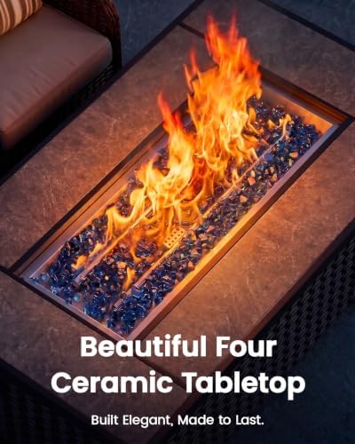 Ciays 43″ Fire Pit Table, Outdoor Propane Fire Pit Table with Premium Ceramic Tabletop, Glass Wind Guard, Lid, Glass Rock, 50,000 BTU CSA-Certified Gas Fire Pits for Outside Patio, Party, Deck